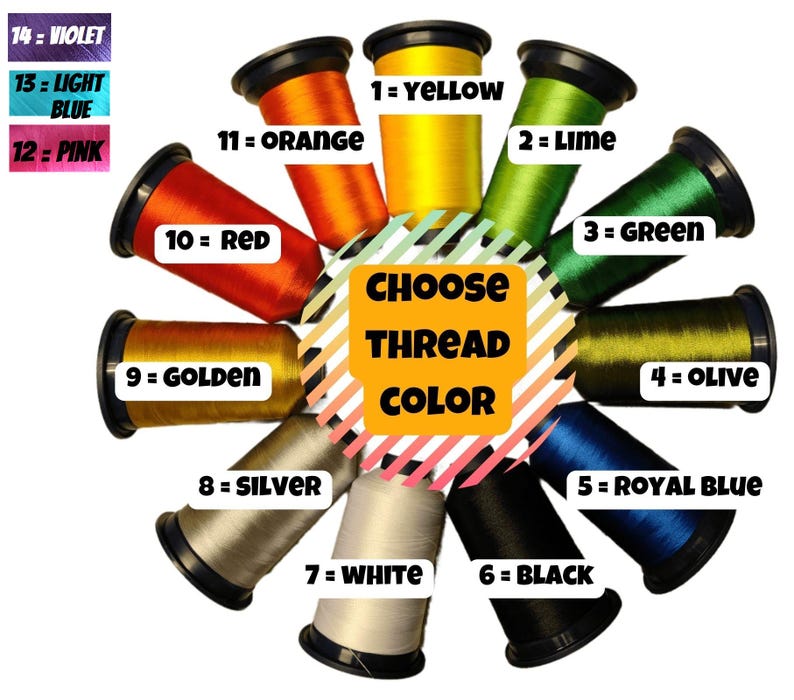 Puede incluir: Una carta de colores de carretes de hilo dispuestos en un c&iacute;rculo. Los carretes est&aacute;n etiquetados con n&uacute;meros y colores, incluyendo amarillo, lima, verde, oliva, azul real, negro, blanco, plata, dorado, rojo, naranja y violeta. El texto "Elija el color del hilo" est&aacute; en el centro del c&iacute;rculo.