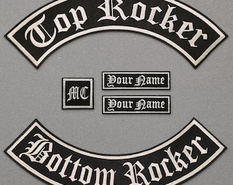 Custom Biker Patch 35 cm 5 Piece Club Set – Top Bottom Rocker MC Patch Name Tags – Gothic Western Font – Iron On 3 Fonts Black Fabric