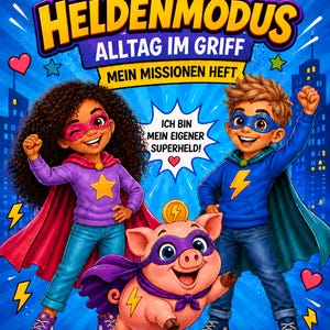 May include: A book cover titled Mein Heldenmodus Alltag im Griff Mein Missionen Heft Band 1 featuring two children in superhero costumes and a pig wearing a purple mask and cape, all set against a blue background with lightning and heart icons.