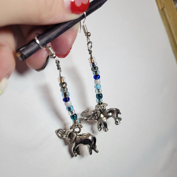 Elephant blue beads dangle earrings