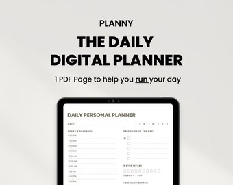 May include: A digital daily planner on a tablet screen. The planner includes sections for scheduling, priorities, water intake, to call/to email, lunch plan, dinner plan, and a section for gratitude. The planner is titled "Daily Personal Planner" and has a black and white color scheme.