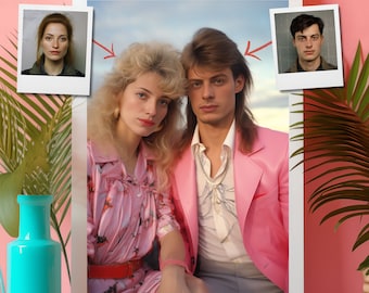 80s Couple Portrait from Photo: Custom Miami Retro Art Gift