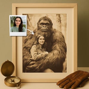 Custom Sasquatch Portrait from Photo, Vintage Explorer Style with Cryptid Companion, Unique Adventure Art Gift