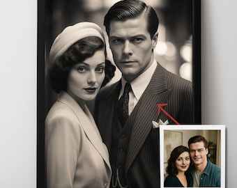 May include: A black and white framed portrait of a couple in formal attire, featuring a person in a pillbox hat and a person in a pinstriped suit with a tie. A smaller color photograph of the same couple is positioned in the bottom right corner.