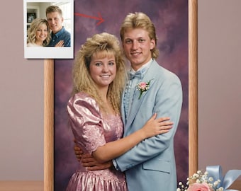 Custom 80s Prom Portrait From Photo, Retro Couple Makeover, Funny Anniversary Gift, Colorful Glam Wall Art, Mullet Hairstyle Print