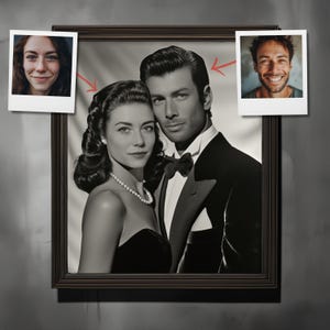 Ritratto di coppia noir anni '40 personalizzato da foto, arredamento glamour vintage personalizzato, regalo di vecchi film