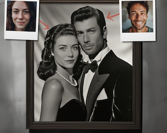 May include: A framed black and white portrait of a couple in formal attire, featuring a person in a strapless dress with a pearl necklace and a person in a tuxedo with a bow tie, flanked by two small color photographs with red arrows pointing inward.