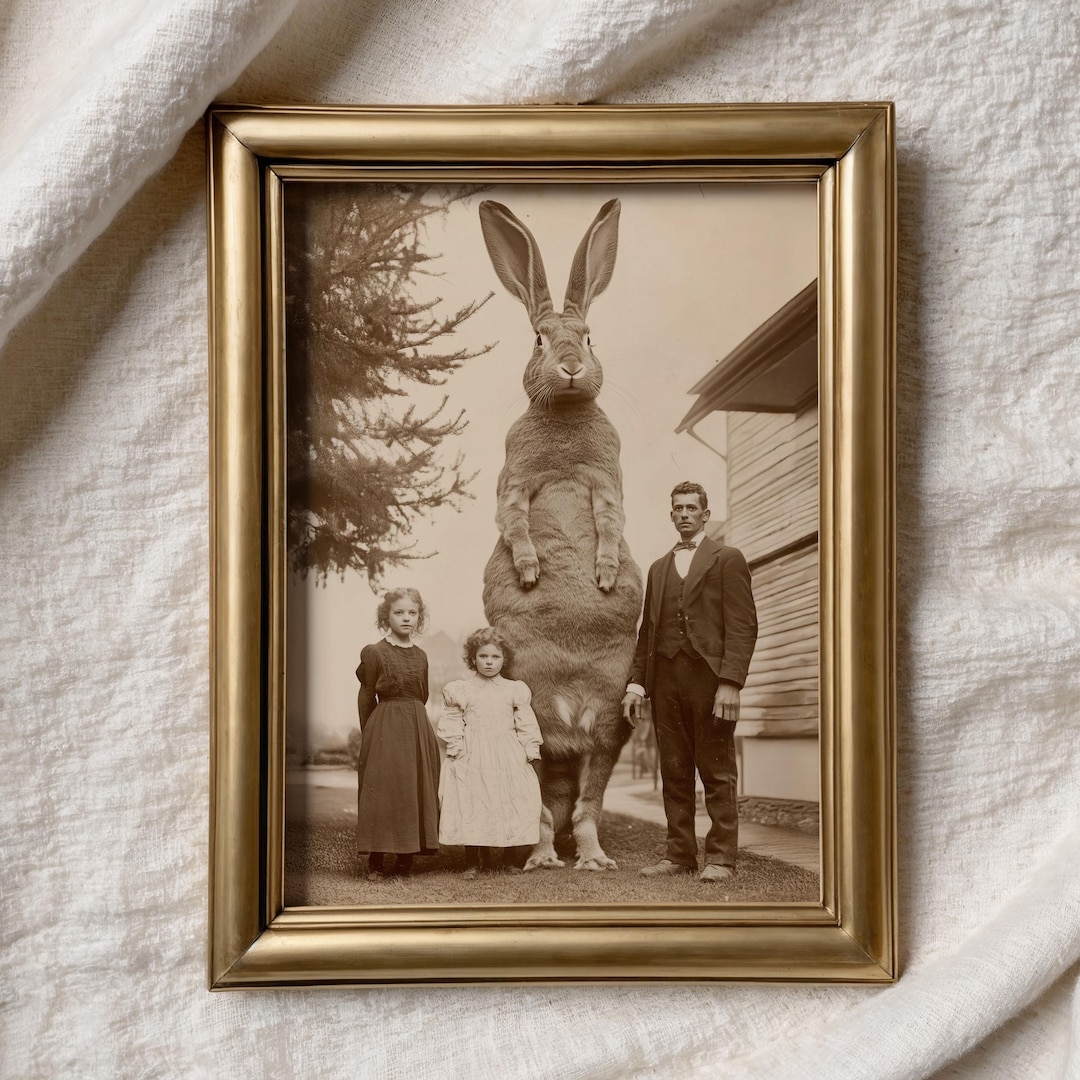 Vintage Giant Rabbit Family Poster Surreal Wall Art Sepia Print Oddity ...