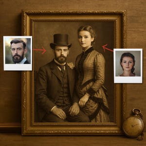 Ritratto di coppia vittoriana in seppia personalizzato dalla tua foto, opera d'arte ispirata al XIX secolo