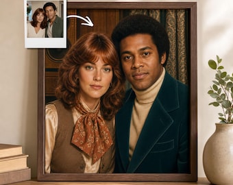 Custom Couple Portrait From Photo, Personalized 1970s Vintage Anniversary Gift for Him Her, Studio Wedding Portrait, Boyfriend Wall Art