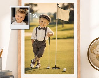 Custom Kid Golf Portrait From Photo, Personalized Retro 60s Boy Golfer Wall Art, Vintage Funny Children Print, Birthday Baby Day Gift