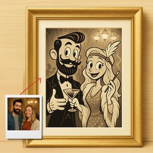 Retrato personalizado de dibujos animados de los años 30 a partir de una foto. Impresión artística retro personalizada para parejas, familias y mascotas.