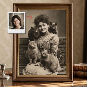 May include: A framed sepia-toned portrait of a woman surrounded by four cats. A smaller, modern color photograph of the woman is in the upper left corner. The frame is dark brown, and the image has a vintage aesthetic.