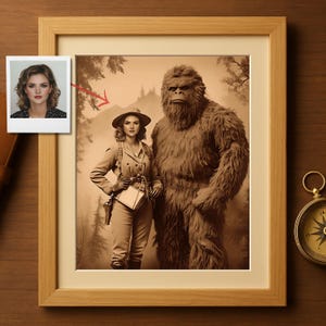 Ritratto personalizzato di Sasquatch da foto, stile esploratore vintage con compagno criptide, regalo d'arte d'avventura unico