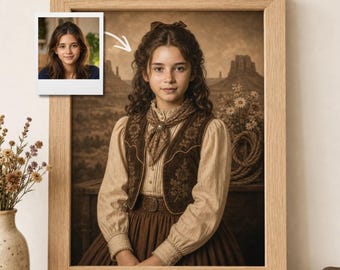 Custom Cowgirl Portrait From Photo, Personalized Western Girl Gift for Daughter, Vintage Sepia Rustic Wall Art, Kids Room Birthday Decor
