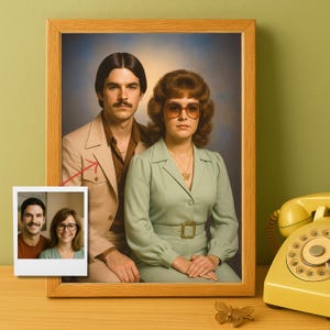 Personalized 1970s Couple Portrait from Photo, Retro Home Decor with Vintage Outfits, Bold Hair, and Classic Studio Vibes