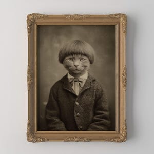May include: Sepia-toned framed portrait of a cat with a human body, wearing a dark tweed jacket, bow tie, and a bowl-cut hairstyle. The ornate gold frame adds a vintage aesthetic to the artwork.