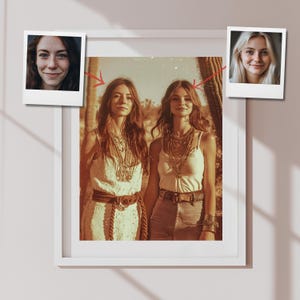 Ritratto personalizzato Boho anni '70 nel deserto - Illustrazione di un gemello o di un migliore amico da una foto - Regalo d'arte d'avventura Boho Chic vintage