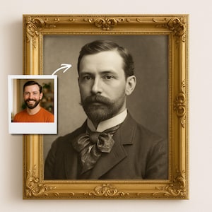 May include: Sepia-toned portrait of a man in a dark suit with a large bow tie, framed in an ornate gold frame. A small photo of a smiling man in an orange shirt is in the corner. The portrait is a vintage style.