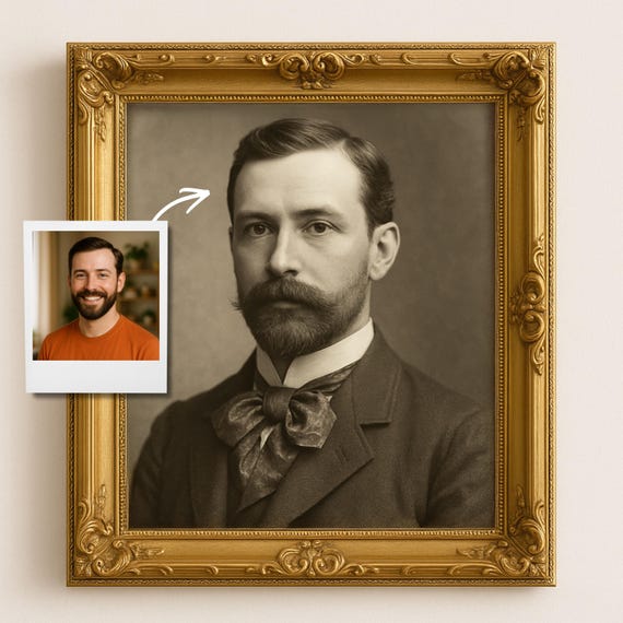 Custom Vintage Gentleman Portrait from Photo, 1800s Inspired Black & White Artwork