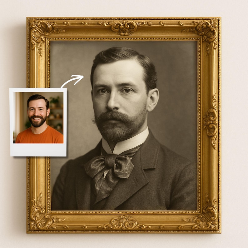 May include: Sepia-toned portrait of a man in a dark suit with a large bow tie, framed in an ornate gold frame. A small photo of a smiling man in an orange shirt is in the corner. The portrait is a vintage style.