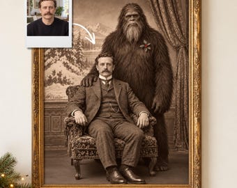 Personalized Bigfoot Hunter Portrait from Photo, 1900s Sasquatch Christmas Gift for Husband or Dad