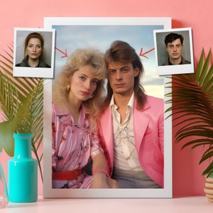 Ritratto di coppia anni '80 da foto - Miami Retro Art, regalo nostalgico personalizzato, illustrazione personalizzata retrò anni '80