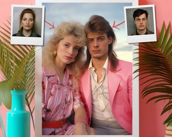 80s Couple Portrait from Photo - Miami Retro Art, Personalized Nostalgic Gift, Retro Eighties Custom Illustration