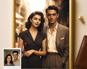 May include: A gold-toned rectangular frame containing a portrait of two people in formal attire. A smaller square photograph showing the same two people is attached to the frame by a red arrow. A pearl pin and a brown leather item are nearby.