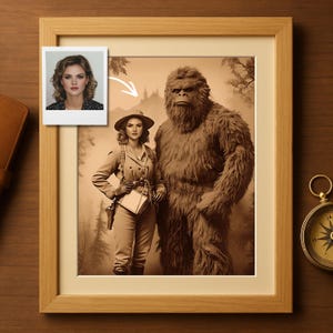 Custom Vintage Explorer Portrait with Sasquatch, Personalized 19th Century Adventure Artwork from Your Photo