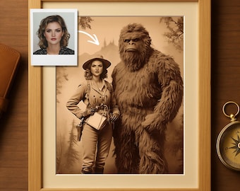 Custom Vintage Explorer Portrait with Sasquatch, Personalized 19th Century Adventure Artwork from Your Photo