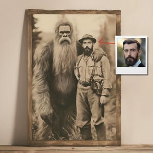 Personalized 1890s Explorer Portrait with Cryptid, Custom Historical Art for Nature Lovers and Mythological Creature Enthusiasts