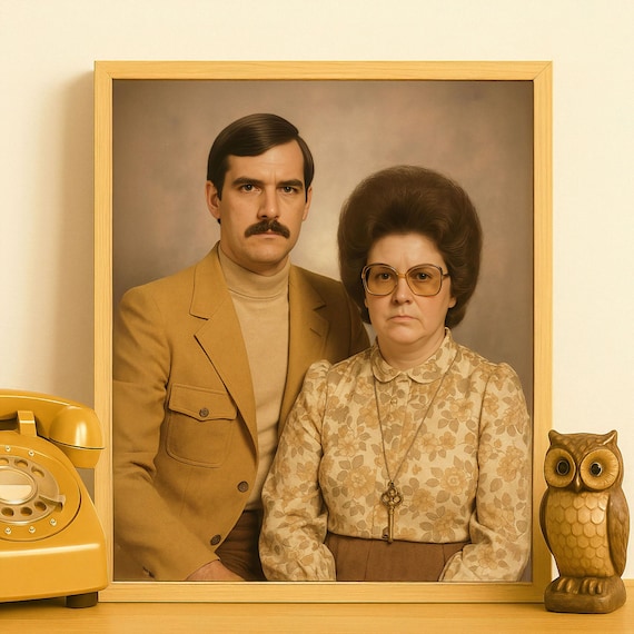 Funny Retro Couple Portrait from Photo in 1970s Style, Personalized Vintage Artwork, Custom Framed Wall Art Gift with Kitsch Humor