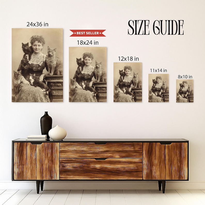 May include: Sepia-toned print of a woman surrounded by cats, available in various sizes from 8x10 inches to 24x36 inches. The image features a vintage aesthetic, with the text "SIZE GUIDE" and a "BEST SELLER" banner.