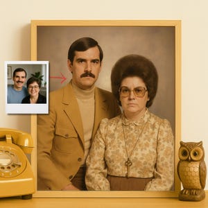 Personalisiertes 1970er Jahre Paar Porträt, lustiges Retro Bild mit Vintage Outfits und Studiokulisse