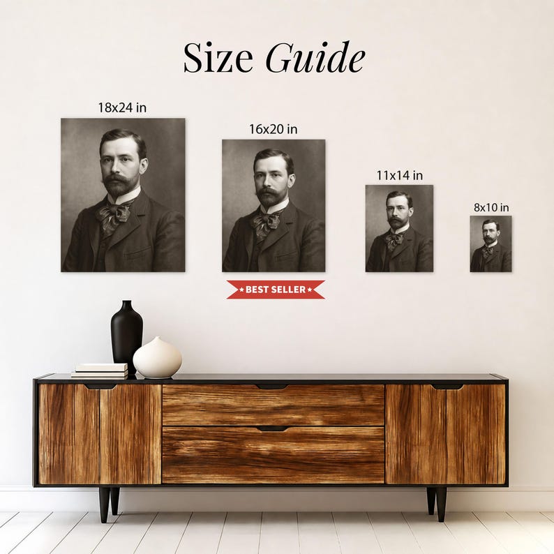 May include: A size guide displays four framed portraits of a man in a suit and bow tie. The largest is 18x24 inches, the smallest is 8x10 inches. The text "Size Guide" is at the top. A "Best Seller" banner is below the 16x20 inch portrait.