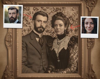 Elegant 1890s Victorian Couple Portrait, Personalized Antique Photo Art for Weddings and Anniversaries