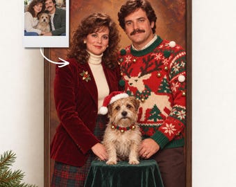 Custom Retro Christmas Couple Portrait with Dog or Cat from Photo, Funny 70s Ugly Sweater
