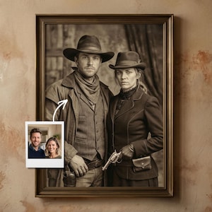 May include: A sepia-toned portrait in a dark frame featuring two individuals dressed in historical western attire. The person on the left wears a wide-brimmed hat and scarf, while the person on the right wears a hat and holds a small revolver.