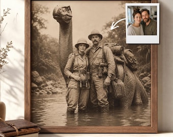 Custom Couple Portrait From Photo, Funny Dinosaur Explorer Gift for Him Her, Vintage Sepia Anniversary Wall Art, Victorian Safari Portrait