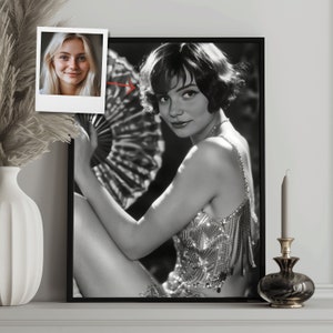 Ritratto flapper personalizzato da foto, illustrazione retrò classica degli anni '20, regalo vintage personalizzato per lei