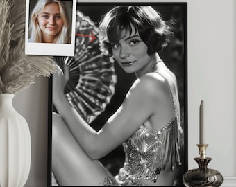 May include: A black and white framed portrait print featuring a person with a short bob hairstyle holding a decorative fan, wearing a sequined top with thin straps. A small polaroid-style photo of a person is attached to the top left corner.