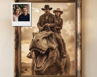 Custom Couple Portrait Riding Dinosaur, Cowboy Art, Vintage Personalized Gift, Funny Anniversary Print