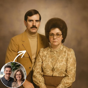 May include: A portrait of two individuals featuring a person with a mustache wearing a tan blazer and turtleneck, and a person with a bouffant hairstyle wearing a floral print blouse with a key pendant necklace, plus a small circular inset photo.