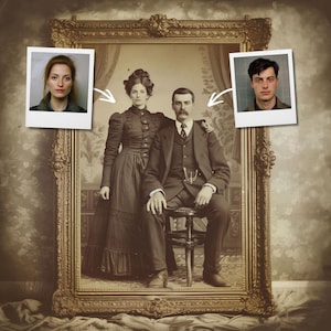 May include: A sepia-toned portrait of a couple in formal attire inside an ornate frame, flanked by two small polaroid-style photographs of a woman and a man, with white arrows pointing from the individual photos to the figures in the portrait.