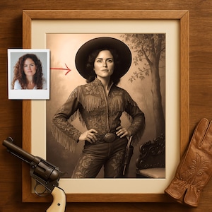 Ritratto di sceriffo western d'epoca da foto, opera d'arte di cowgirl selvaggia per lei, idea regalo unica del vecchio West