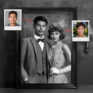 Ritratto di coppia glamour personalizzato degli anni '20, trasformazione fotografica personalizzata Art Déco per occasioni speciali