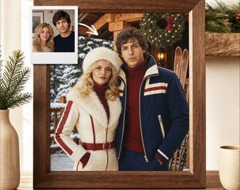 Custom 1970s Ski Couple Portrait, Personalized Retro Aspen Christmas Portrait, Vintage Funny Gift, Anniversary Present