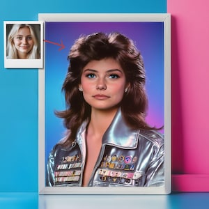 Custom 80s Pop Star Icon Portrait from Your Photo, Retro Glam Art for Women, Personalized 80s Style Gift, Vintage Celebrity Decor