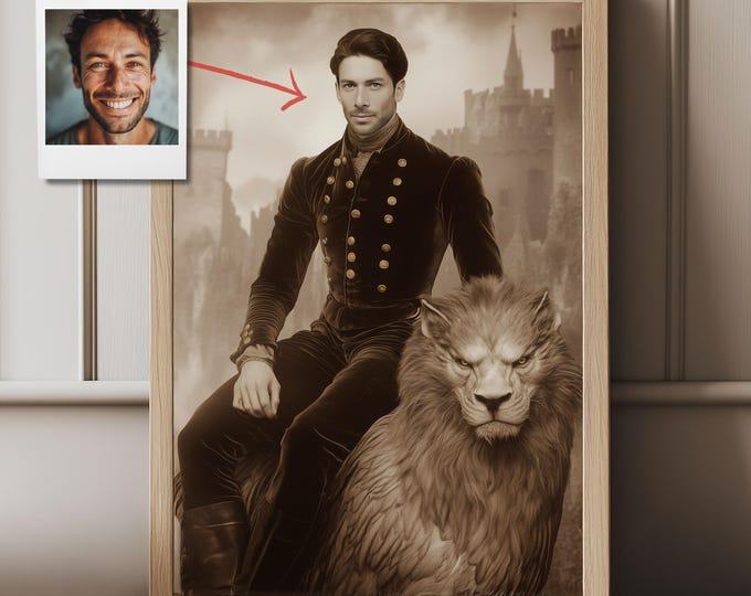 Custom 1900s Nobleman Portrait with Griffon, Personalized Aristocratic Artwork, Unique Fantasy Pet Custom Art Gift